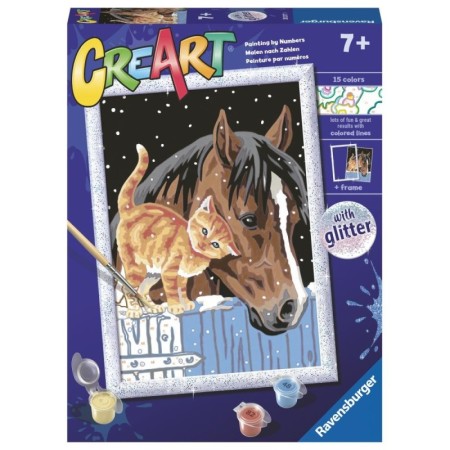 CreArt pictura pe numere pentru copii cu sclipici pisicuta si cal